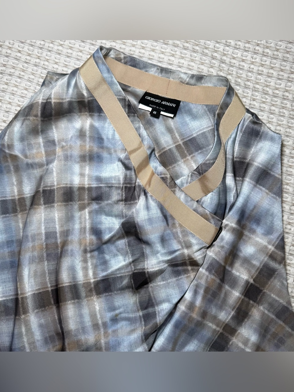 Giorgio Armani Silk Blend Blue Plaid Sleeveless Top Minimalist Size 46 US 10